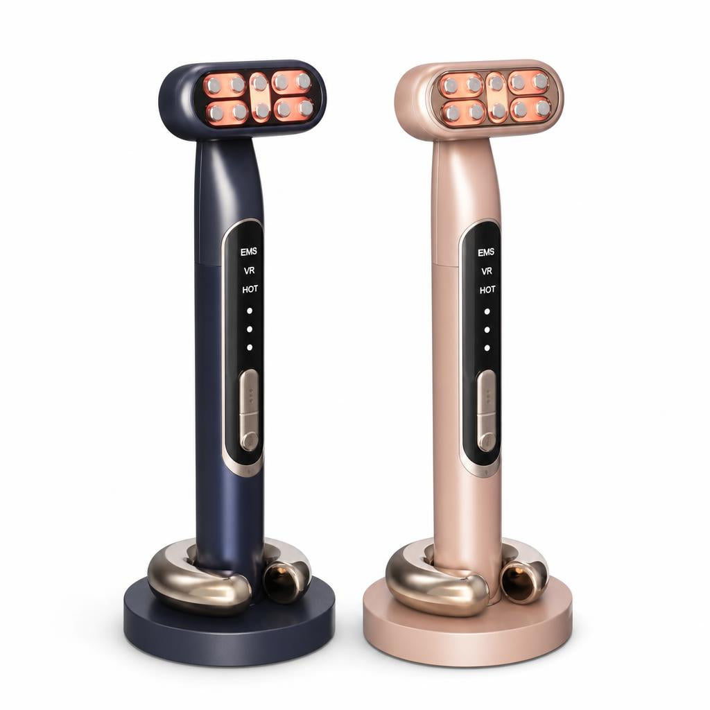9-Color LED Eye Massager in Rose Gold and Black on charging dock