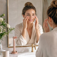 Woman with refreshed, radiant under-eye skin after using the massager