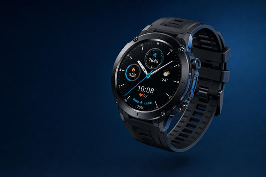 Reloj inteligente deportivo GPS, vista de estudio azul