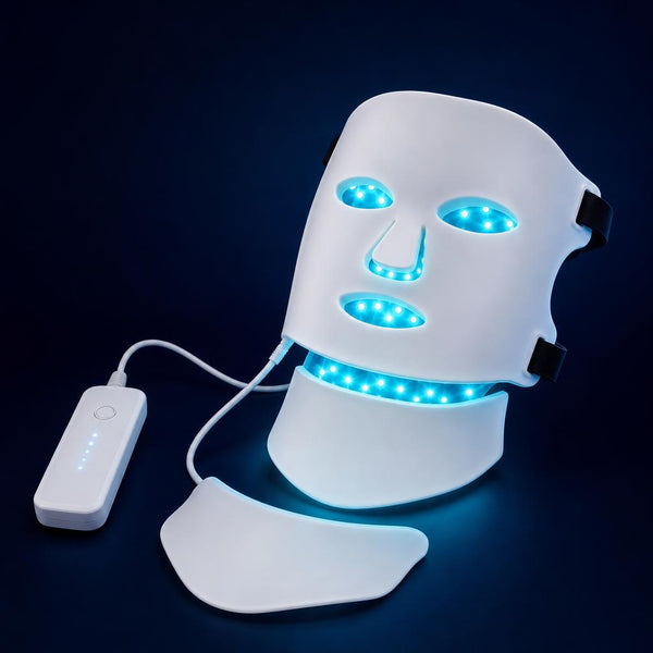 7-mode LED face and neck mask illuminated in cyan light mode