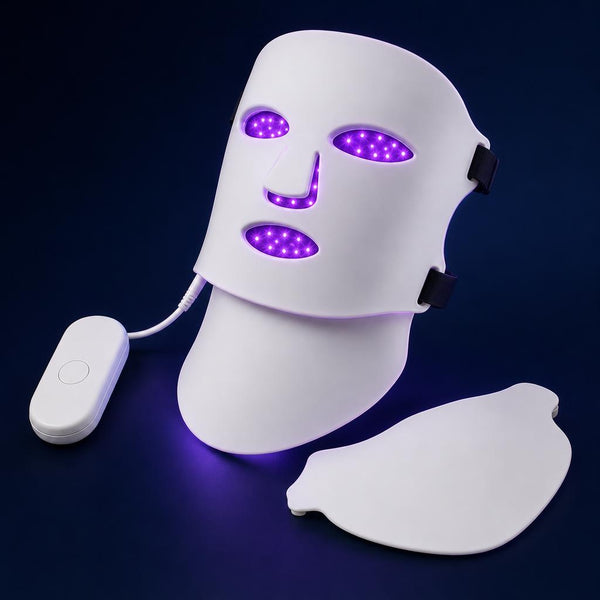 7-mode LED face and neck mask illuminated in purple light mode