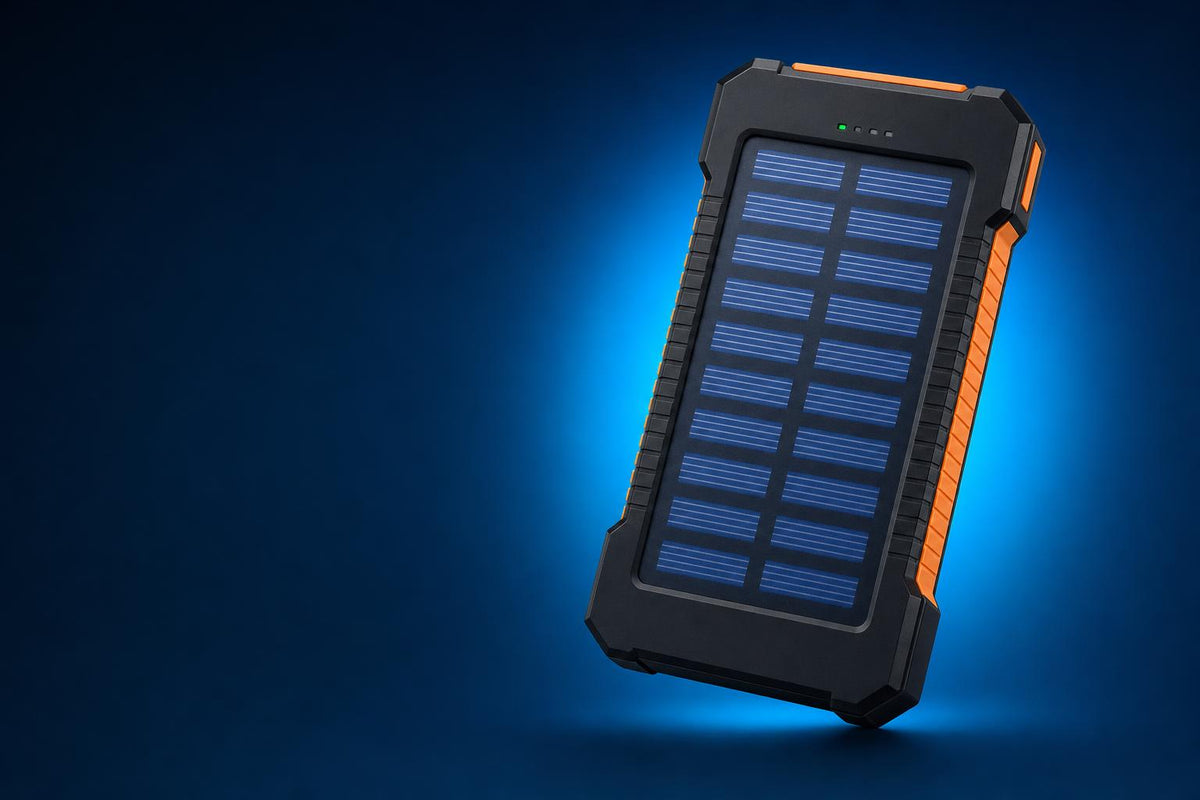 Rugged solar power bank, blue studio hero shot
